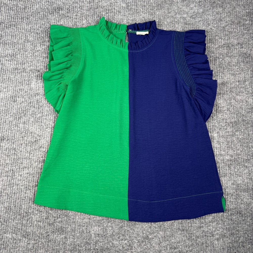Jodifl Blouse Womens S Blue Green Colorblock Ruffle Sleeve Mock Neck Stretch